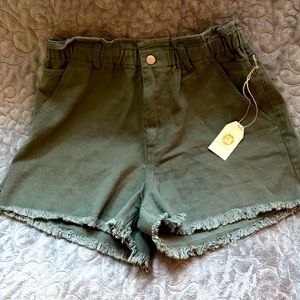 VICI Viall Pocketed Paper Bag Denim Shorts, XL, Olive, NWT